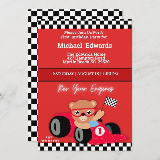 ファースト誕生日ボーイズレースカー招待状 招待状 (正面/裏面)