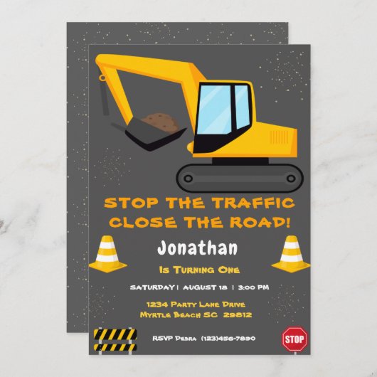 ファースト誕生日ボーイズ建築パーティー 招待状 (正面/裏面)