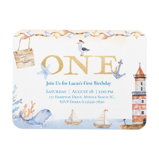 ファースト誕生日ボーイズ航海のブルーライトハウス マグネット (横)