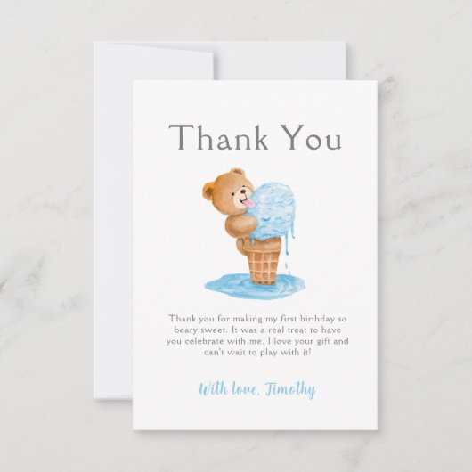 ファースト誕生日ボーイテディベアアイスクリーム サンキューカード (正面)