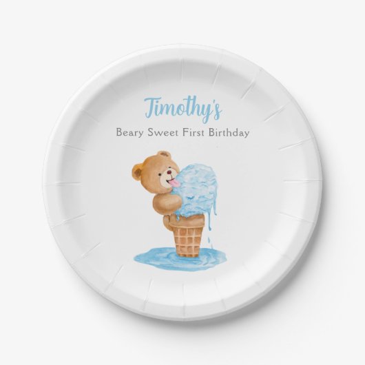 ファースト誕生日ボーイテディベアアイスクリーム ペーパープレート (正面)