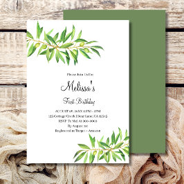 ファースト誕生日モダンオリーブブランチセージグリーナリー 招待状