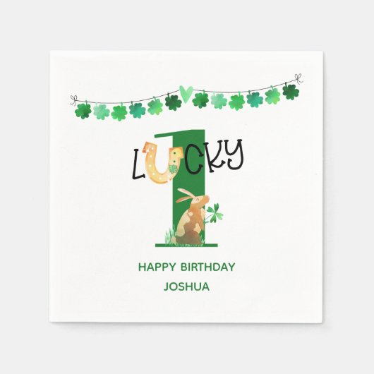 ファースト誕生日ラッキーワンシャムロックバンティング&ラビット スタンダードカクテルナプキン (正面)