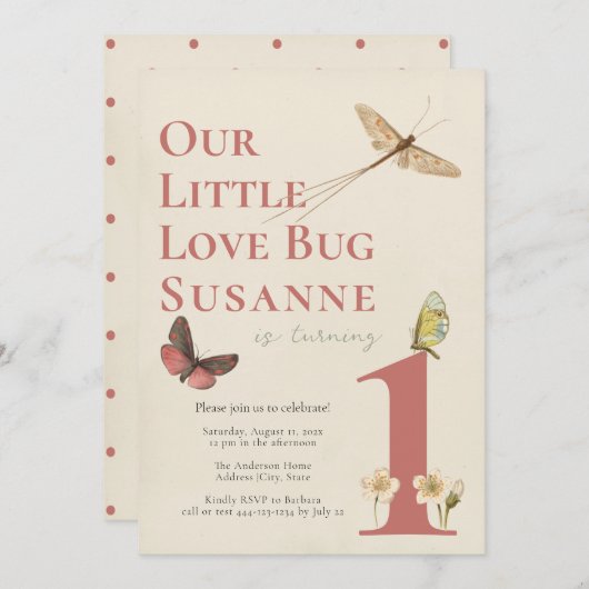 ファースト誕生日ラブバグバビーガール招待状 招待状 (正面/裏面)