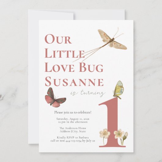 ファースト誕生日ラブバグバビーガール招待状 招待状 (正面)
