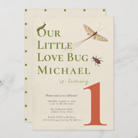 ファースト誕生日リトルラブバグベビー招待状 招待状 (正面/裏面)
