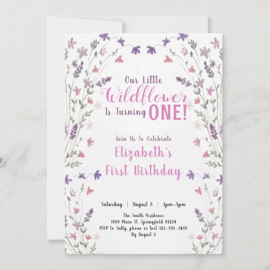ファースト誕生日リトルワイルドフラワーフローラガール 招待状 (正面)