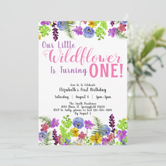 ファースト誕生日リトルワイルドフラワーフローラガール 招待状 (スタンド正面)