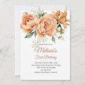ファースト誕生日素朴コーラルピーチフラワー写真 招待状 (正面)