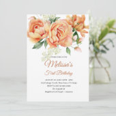 ファースト誕生日素朴コーラルピーチフラワー写真 招待状 (スタンド正面)