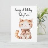 ファースト誕生日詰まったおもちゃパーソナライズされた猫 カード (スタンド正面)
