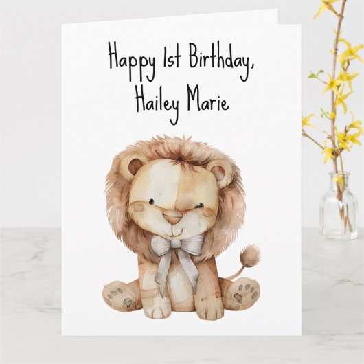 ファースト誕生日詰まったトイパーソナライズされたライオン カード (黄色い花)