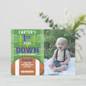 ファースト・イヤーダウンフットボールブルーファースト誕生日写真 招待状 (スタンド正面)