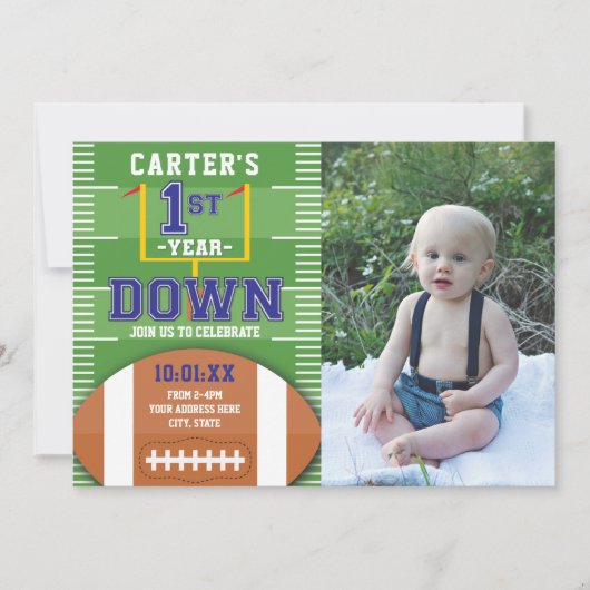 ファースト・イヤーダウンフットボールブルーファースト誕生日写真 招待状 (正面)