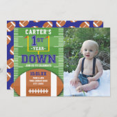 ファースト・イヤーダウンフットボールブルーファースト誕生日写真 招待状 (正面/裏面)