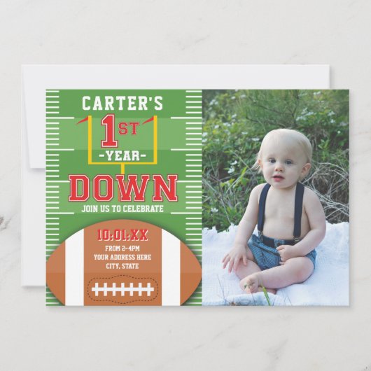 ファースト・イヤーダウンフットボールレッドファースト誕生日写真 招待状 (正面)