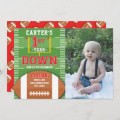 ファースト・イヤーダウンフットボールレッドファースト誕生日写真 招待状 (正面/裏面)