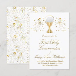 ファースト・コミュニオンカトリックの女の子ゴールデンエンジェルスデザイン 招待状