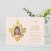 ファースト・コミュニオンガールエレガント赤面フェイク金ゴールド 招待状 (スタンド正面)