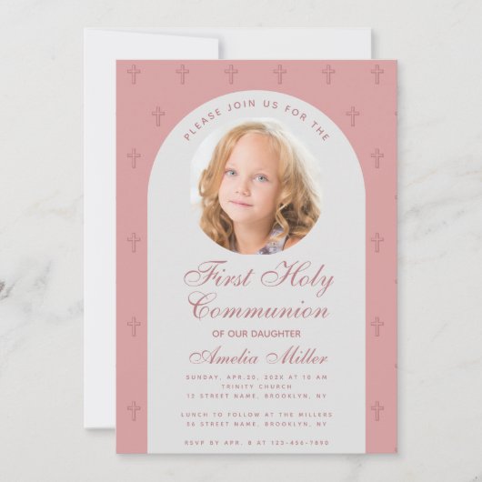 ファースト・コミュニオンガールフォトダスティーバラアーチモダン 招待状 (正面)