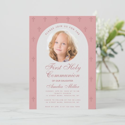 ファースト・コミュニオンガールフォトダスティーバラアーチモダン 招待状 (スタンド正面)