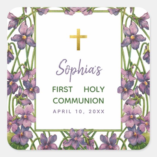 ファースト・コミュニオンバイオリエットクロスパープルグリーンフローラ スクエアシール (正面)