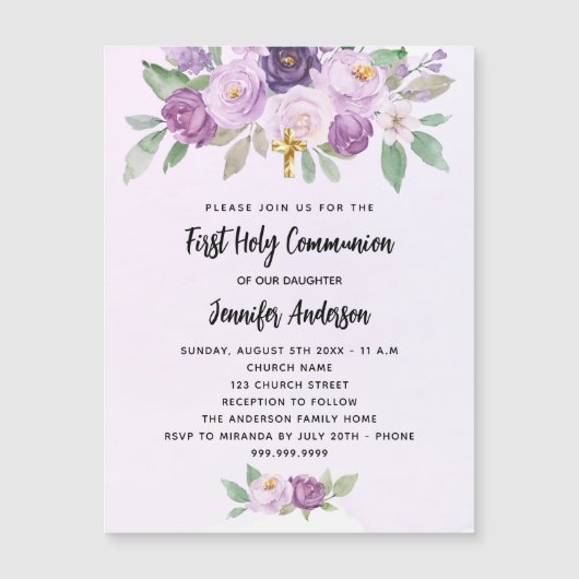 ファースト・コミュニオンバイオレットの花は贅沢を越える マグネット招待状 (正面)