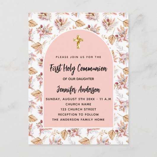 ファースト・コミュニオンパンパ花バラ金ゴールドピンクの女の子 インビテーションポストカード (正面)