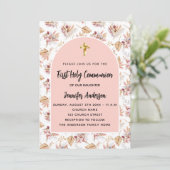 ファースト・コミュニオンパンパ花バラ金ゴールドピンクの女の子 招待状 (スタンド正面)