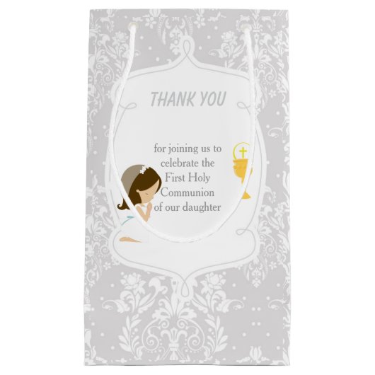 ファースト・コミュニオンブルネットヘアガールサンキュー スモールペーパーバッグ (正面)