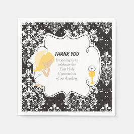 ファースト・コミュニオンブロンド・ガール・ブラック・ダマスク スタンダードカクテルナプキン