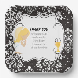 ファースト・コミュニオンブロンド・ガール・ブラック・ダマスク ペーパープレート