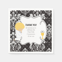 ファースト・コミュニオンブロンド・ボーイブラックダマスク スタンダードカクテルナプキン