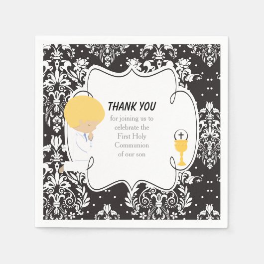 ファースト・コミュニオンブロンド・ボーイブラックダマスク スタンダードカクテルナプキン (正面)