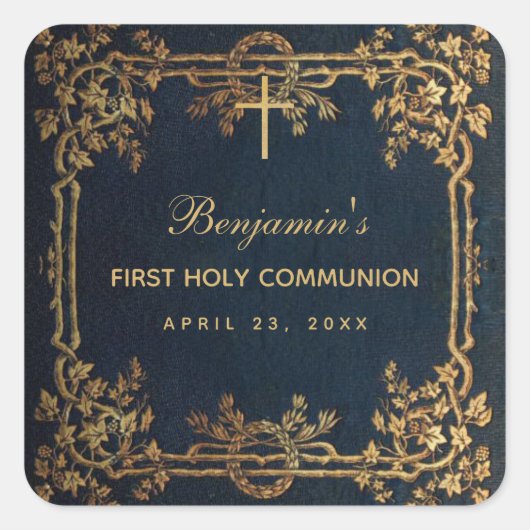 ファースト・コミュニオンボーイネイビーブルーヴィンテージ金ゴールドつる植物 スクエアシール (正面)