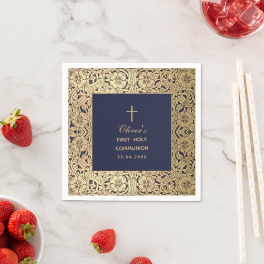 ファースト・コミュニオンボーイネイビーブルーヴィンテージ金ゴールドバラ スタンダードカクテルナプキン (インサイチュ)