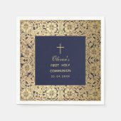 ファースト・コミュニオンボーイネイビーブルーヴィンテージ金ゴールドバラ スタンダードカクテルナプキン (正面)