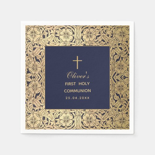 ファースト・コミュニオンボーイネイビーブルーヴィンテージ金ゴールドバラ スタンダードカクテルナプキン (正面)