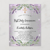ファースト・コミュニオンラベンダーのシルバーバイオレットの輝き インビテーションポストカード (正面)