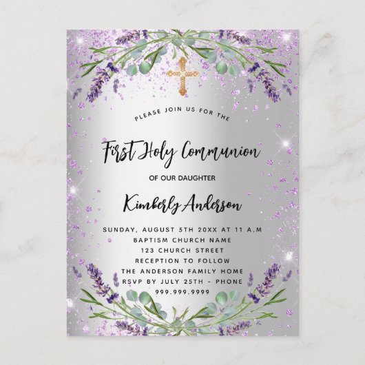 ファースト・コミュニオンラベンダーのシルバーバイオレットの輝き インビテーションポストカード (正面)