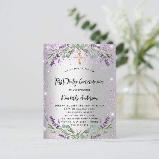 ファースト・コミュニオンラベンダーのシルバーバイオレットの輝き インビテーションポストカード (スタンド正面)