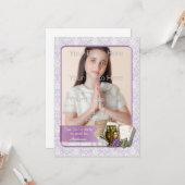 ファースト·コミュニオン、パープル·ダマスク·フォトカード カード (正面/裏面インサイチュ)