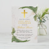 ファースト・コミュニオン　フェルン　グリーン　ゴールドクロス　大理石 招待状 (スタンド正面)