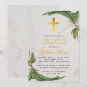 ファースト・コミュニオン　フェルン　グリーン　ゴールドクロス　大理石 招待状 (正面/裏面)