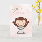ファースト·コミュニオン、ブラウン·ヘア·ガール、おめでとう カード (黄色い花)