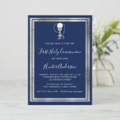 ファースト・コミューニオンネイビーブルーシルバーチャリス贅沢 招待状 (スタンド正面)