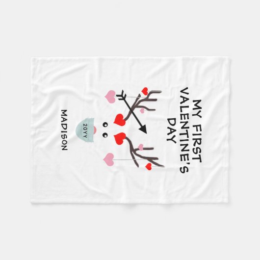 ファースト・バレンタインデーかわいいハートパーソナライズされた鹿 フリースブランケット (正面(横))