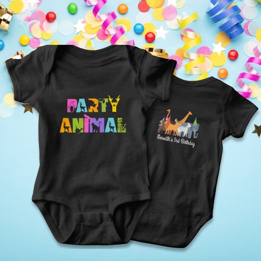 ファースト・バースデーパーティー動物サファリブラックボディスーツ ベビーボディスーツ