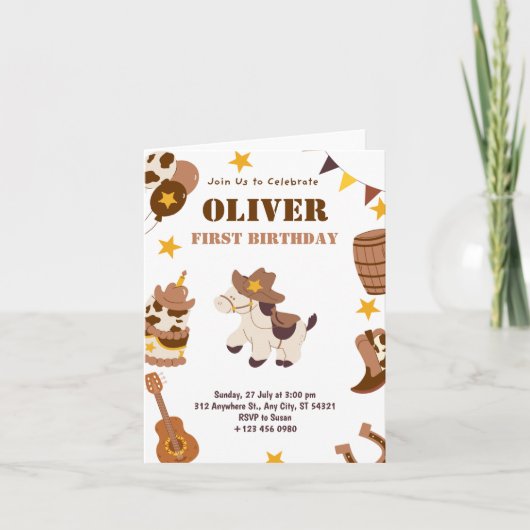 ファースト バースデー ロデオ キッズ 1歳 折りたたみカード 招待状 (正面)