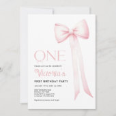 ファースト バースデー 招待状、ピンク コケッタ リボン 1st 招待状 (正面)